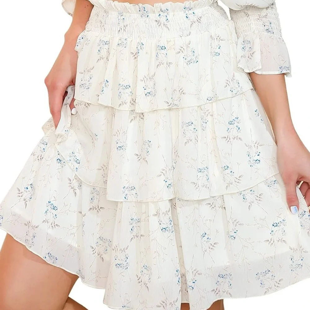 Womens White Blue Floral 2-Piece Set Off Shoulder Top + Skirt Cottagecore Boho S